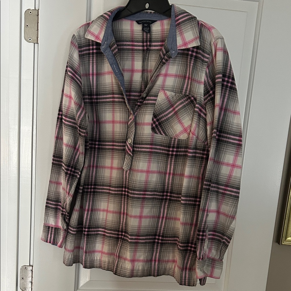 Lands' End Pink and Black Plaid Shirt